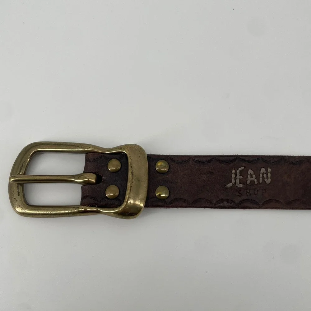 Jean Shop Leather Belt Mens L Brown Brass Buckle Distressed Scalloped Embossed